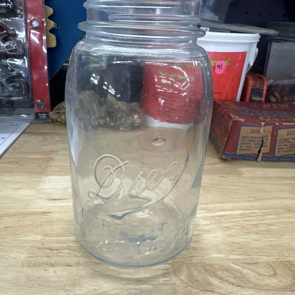 Vintage Drey Perfect Mason Clear Glass Quart Canning Jar, Early 1900's